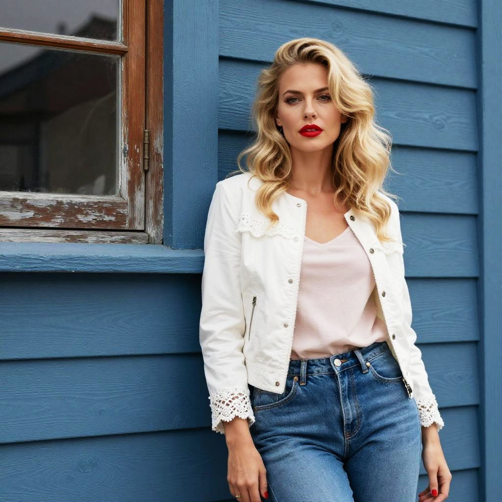 Chic Blonde Woman in White Jacket and Blue Jeans Against Blue Wooden Wall