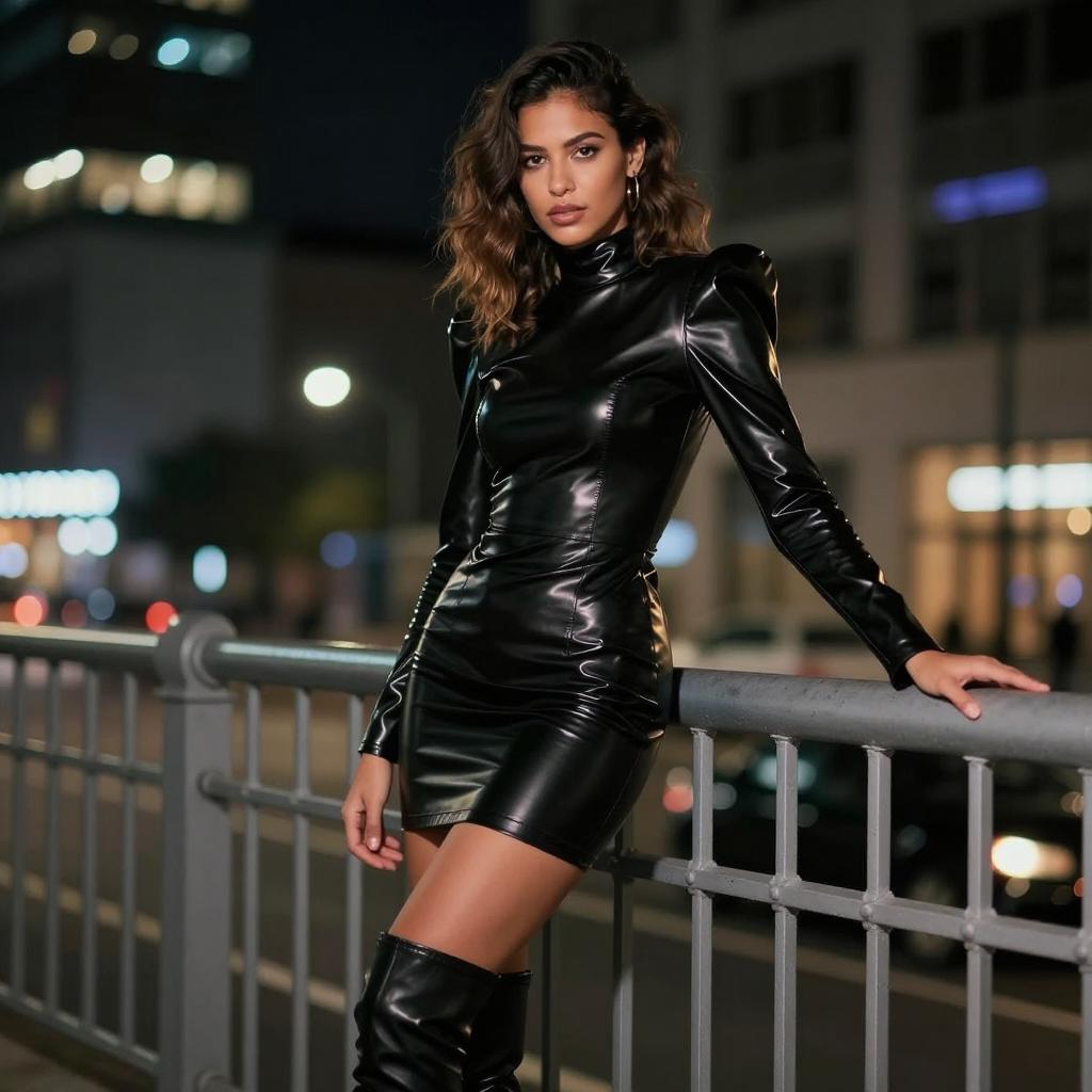 Stylish Woman in Black Leather Mini Dress and Thigh-High Boots at Night