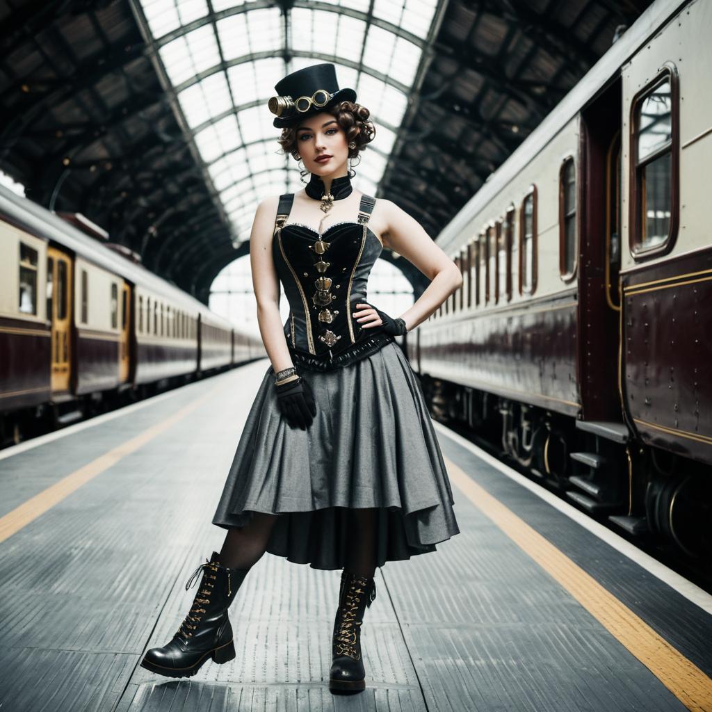 Elegant Woman in Steampunk Fashion on Vintage Train Platform