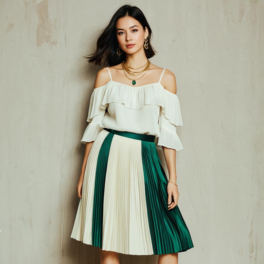 Elegant Woman in Off-Shoulder Ruffled Top and Pleated Green and White Skirt