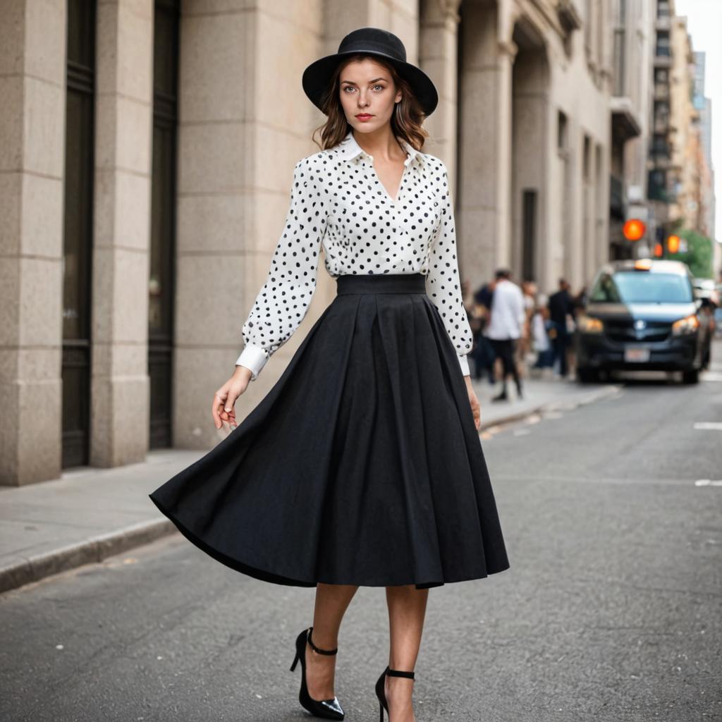 Woman in chic polka dot blouse and black skirt