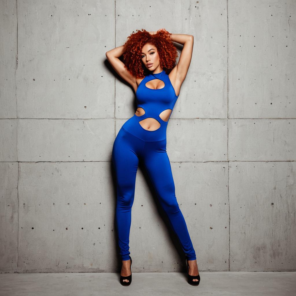 Confident Woman in Blue Cutout Jumpsuit Against Concrete Wall