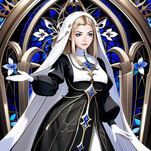 Anime Nun Character with Blue Eyes in Ornate Stained Glass Setting