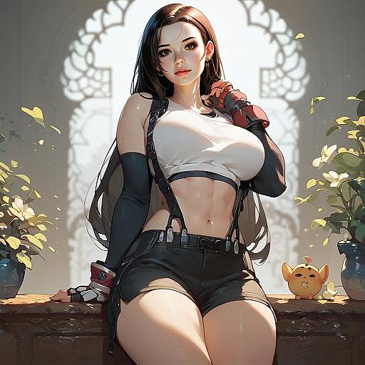 Anime Style Digital Art of Confident Woman in White Crop Top with Arched Window Background