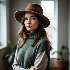 Portrait of Woman in Brown Hat and Green Sweater in Cozy Indoor Setting