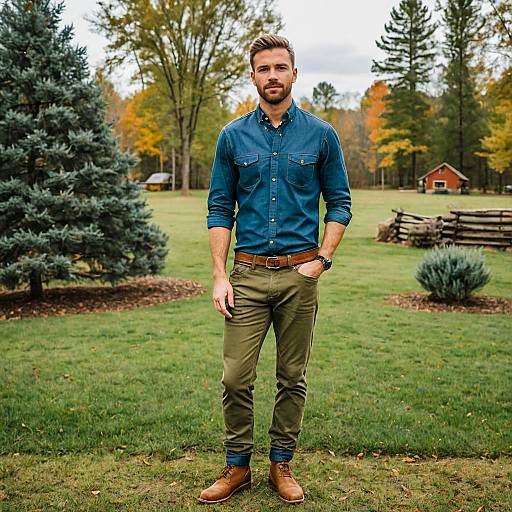 Casual Autumn Outdoor Portrait of Man in Blue Denim Shirt and Olive Pants
