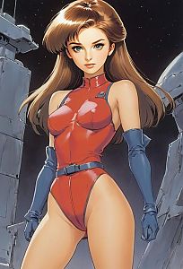Futuristic Anime Woman in Red Bodysuit with Sci-Fi Background