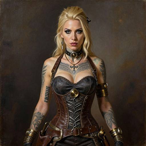 Blonde Woman in Steampunk Leather Corset with Tattoos and Brass Accessories