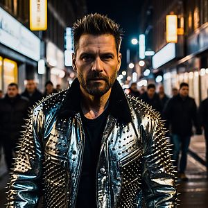 Confident Man in Metallic Jacket on Urban Street at Night