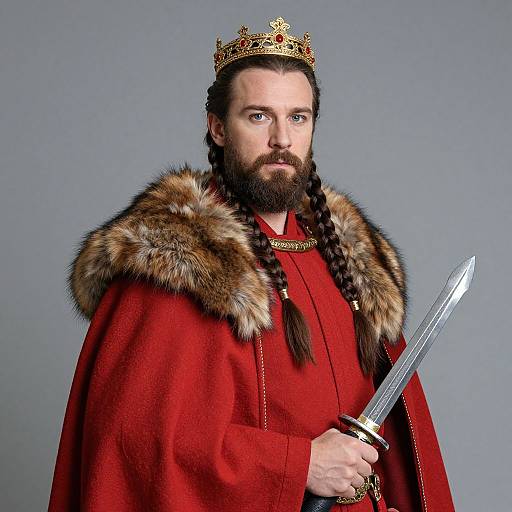 Medieval King Wearing Crown and Red Fur-Trimmed Cloak Holding Sword