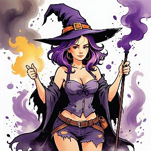 Confident Young Witch with Purple Hair and Magic