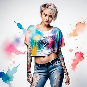 Stylish Young Woman with Platinum Blonde Hair in Colorful Crop Top