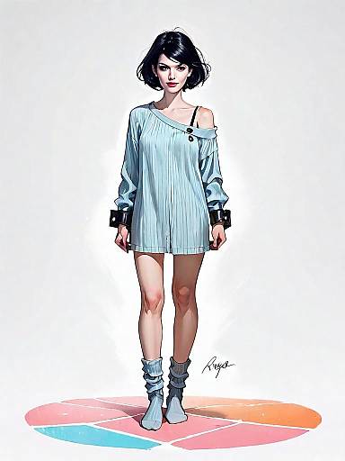 Realistic Full Body Portrait of Woman in Casual Sweater Dress Comic Style
