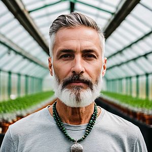 Mature Man in Greenhouse with Silver Hair and Beaded Necklace