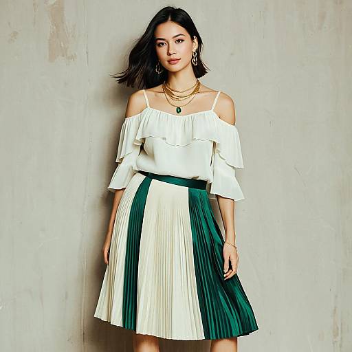 Elegant Woman in Off-Shoulder Ruffled Top and Pleated Green and White Skirt