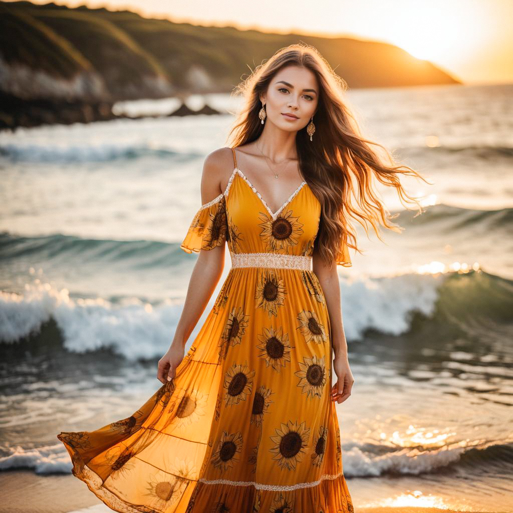 Young Woman in Yellow Dress at Sunset on Beach