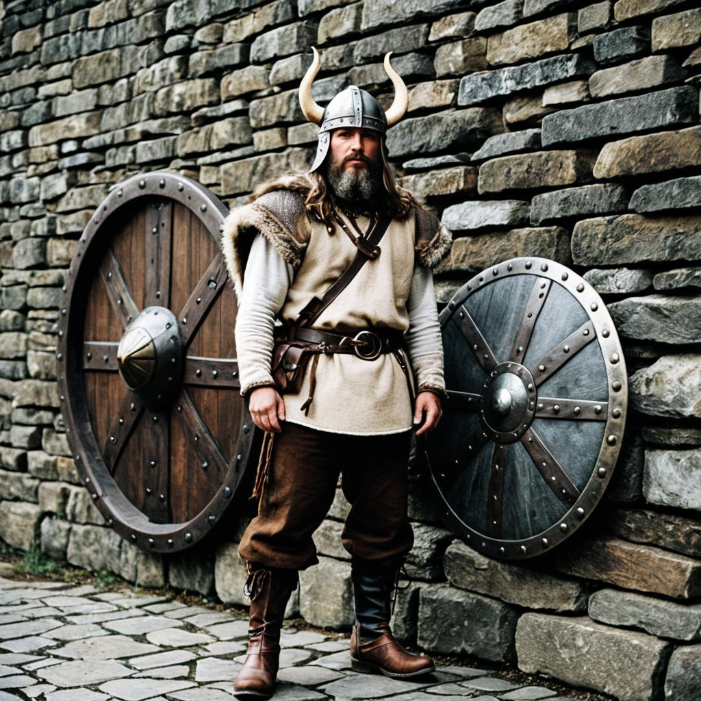 Realistic Viking Warrior in Traditional Nordic Costume with Round Shields
