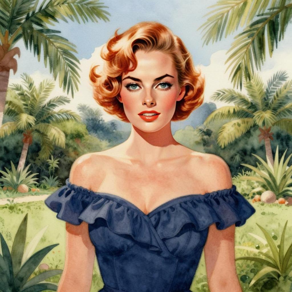 Vintage Pin-Up Style Woman in Tropical Garden Portrait