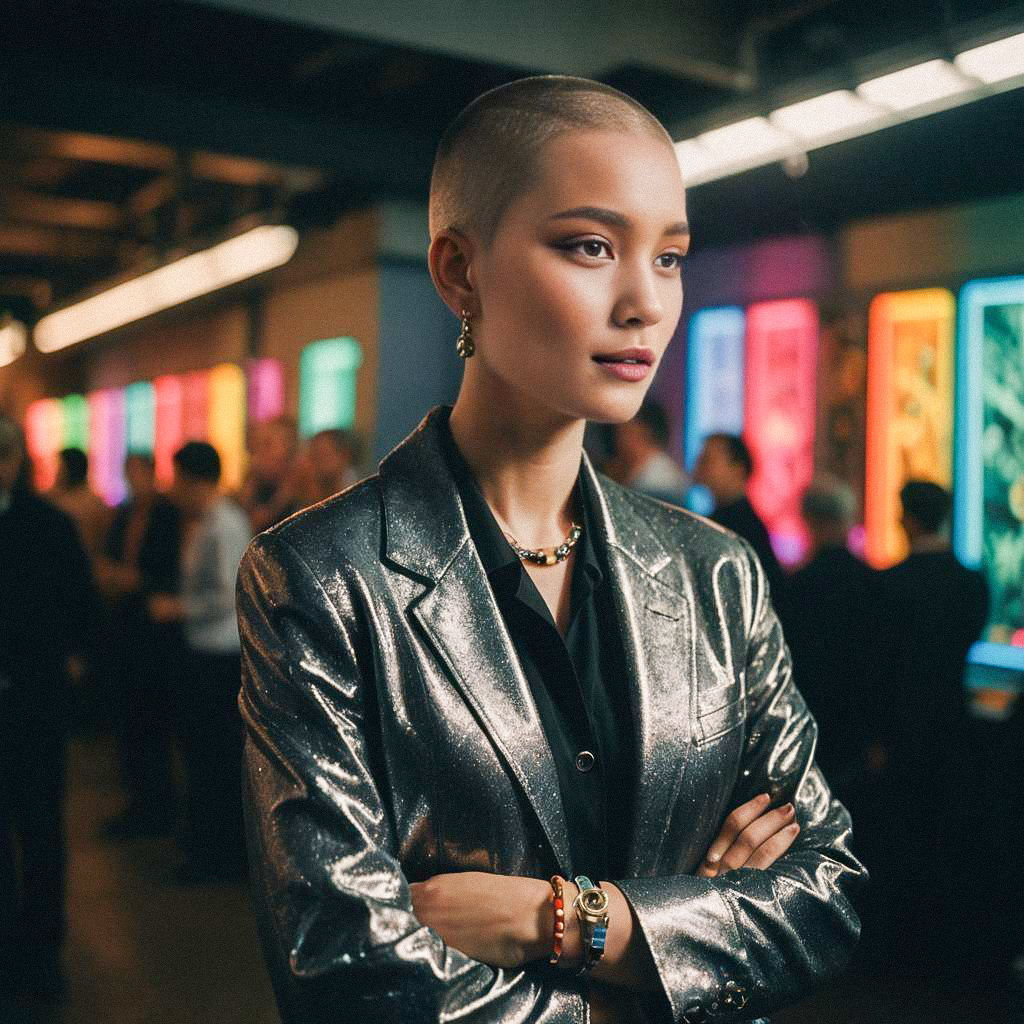 Confident Woman in Silver Blazer with Neon Lights Confident Woman in Silver Blazer with Neon Lights