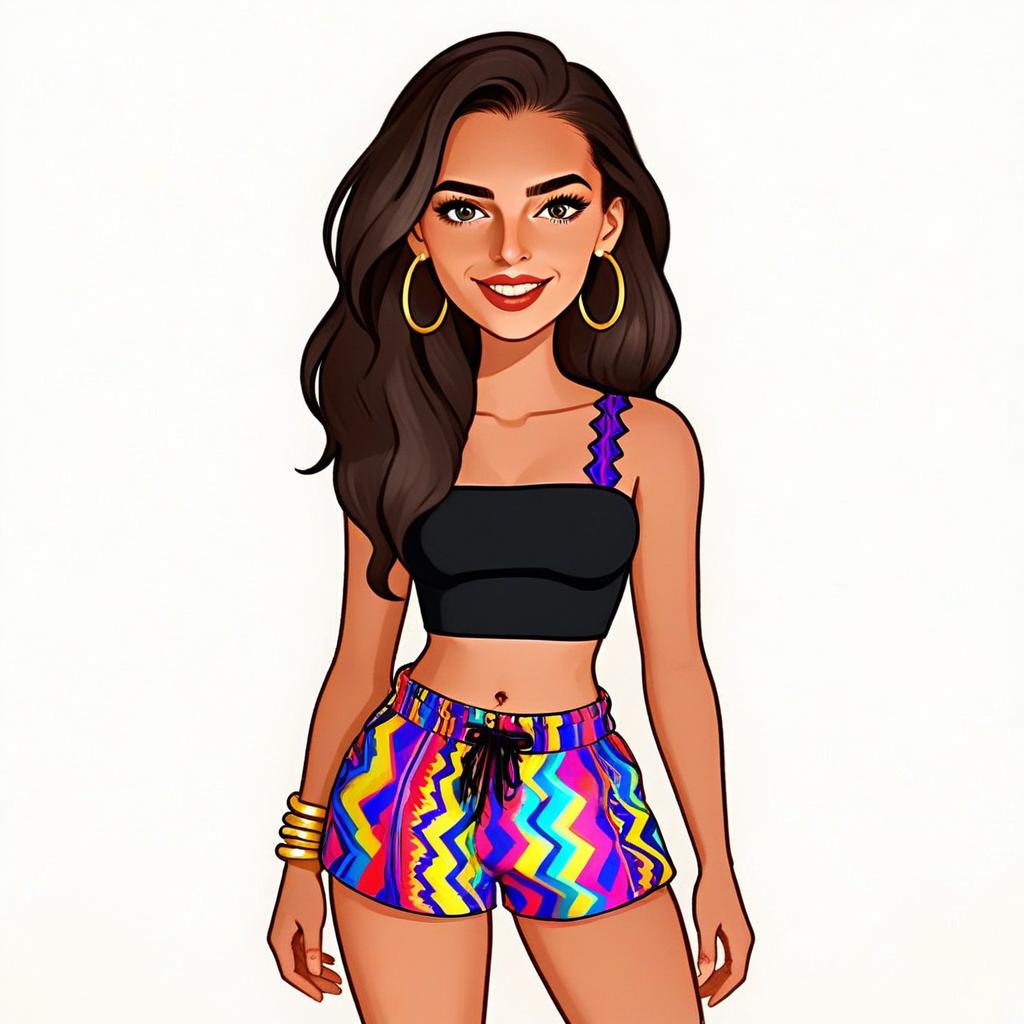 Bohemian Woman with Pretty Face and Colorful Zigzag Shorts