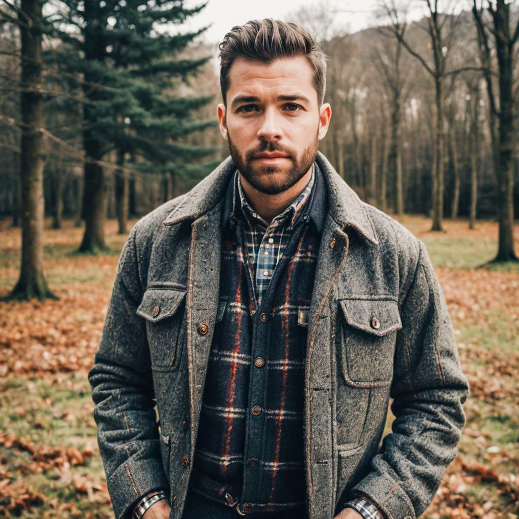 Man in Gray Wool Jacket and Plaid Shirt Outdoors in Autumn Forest