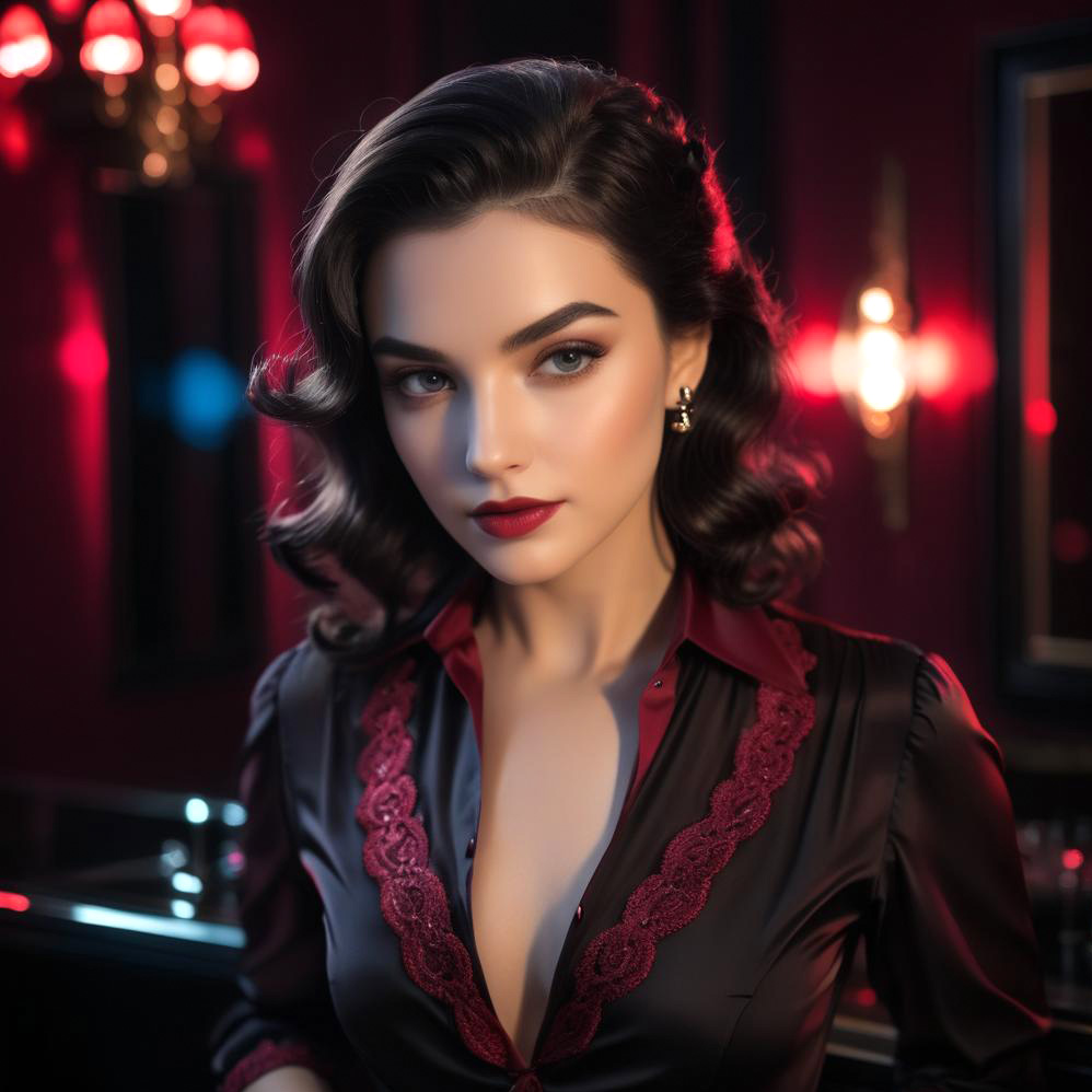 Elegant Woman in Black Satin Blouse with Lace