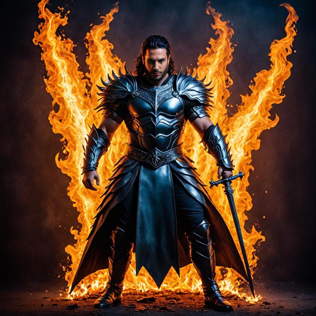 Man in Menacing Armor with Sword Against Fiery Background