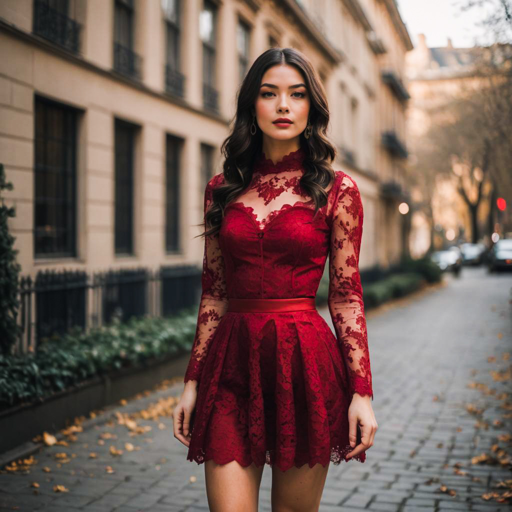 Elegant Woman in Red Lace Dress