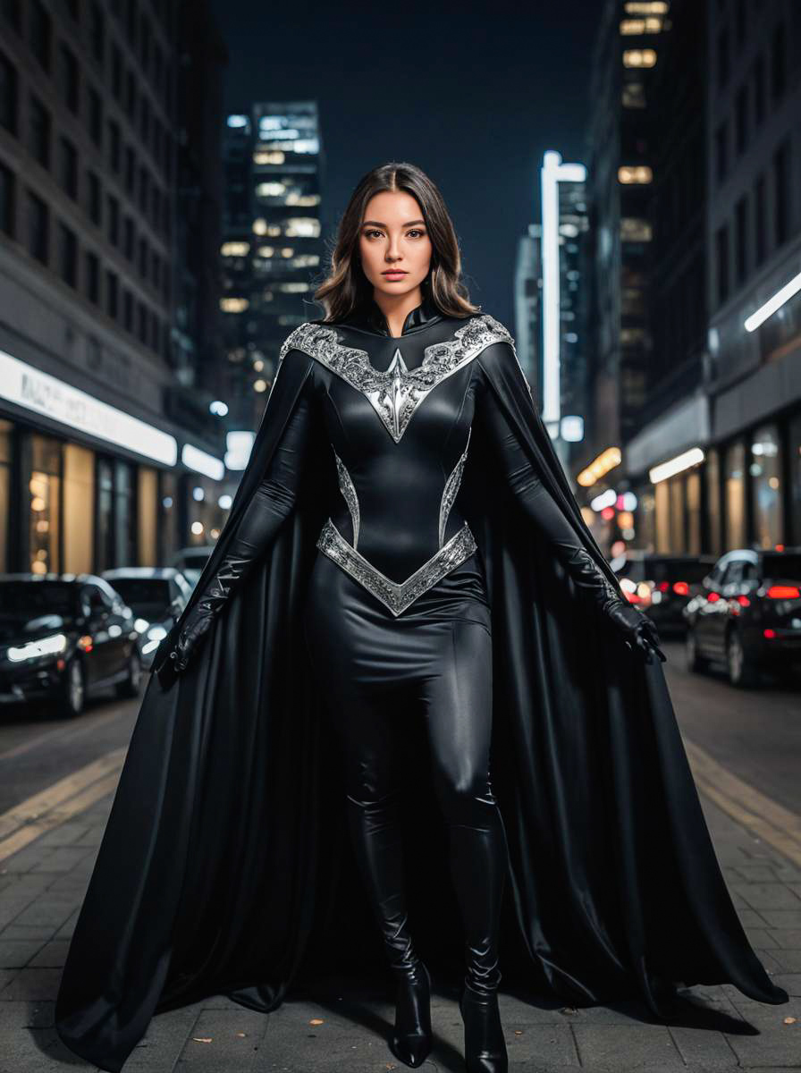 Confident Woman in Black Superhero Costume