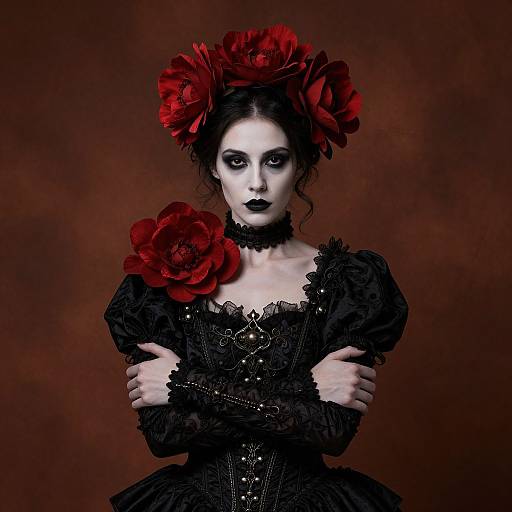 Gothic Victorian Woman with Red Floral Headpiece in Black Dress