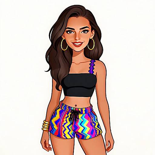 Bohemian Woman with Pretty Face and Colorful Zigzag Shorts