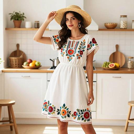 Young Woman Wearing Embroidered White Summer Dress and Straw Hat in Modern Kitchen
