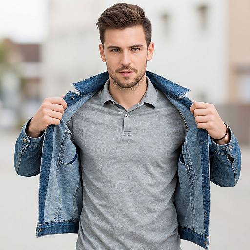 Confident Young Man in Denim Jacket and Gray Polo Shirt Fashion Portrait