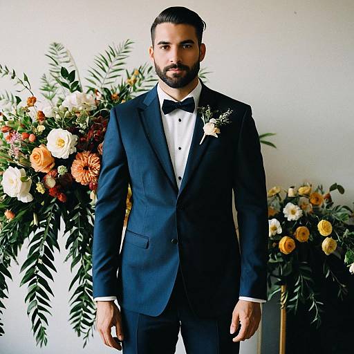Man in Navy Blue Reception Suit with Bow Tie and Floral Boutonniere