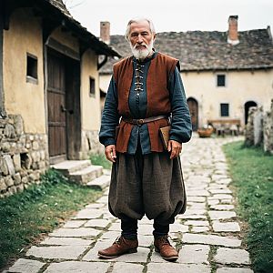 Elderly Man in Medieval Costume on Cobblestone Path