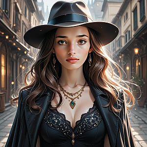 Stylish woman in European street with hat and leather jacket