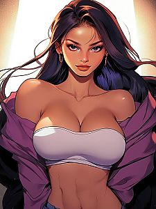 Confident Anime Style Woman in White Tube Top and Purple Jacket Digital Illustration