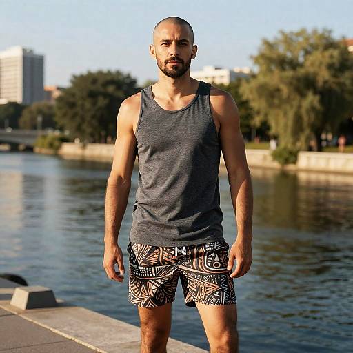 Man in Tribal Pattern Shorts and Grey Tank Top by River Outdoors