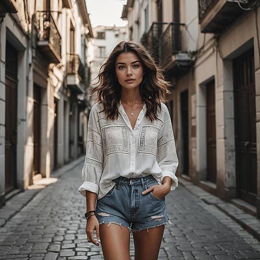 Stylish Woman in White Blouse and Denim Shorts on European Cobblestone Street