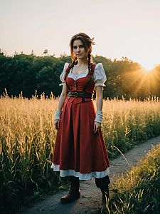 Woman in Aerith Cosplay Costume Outdoor Photo at Golden Hour