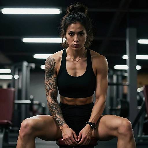 Strong Woman with Arm Tattoo in Gym Workout Apparel