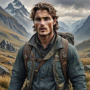 Rugged Man in Outdoor Gear in Dramatic Mountain Landscape