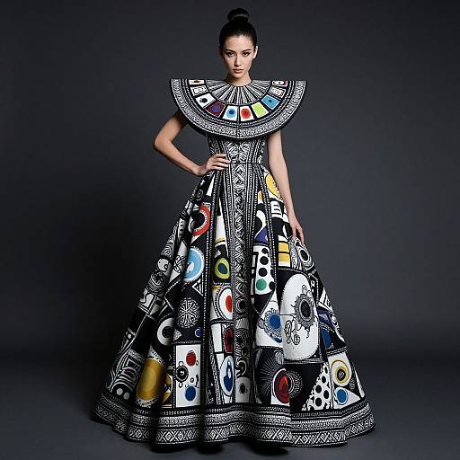 Avant-Garde Black and White Gown with Colorful Abstract Patterns