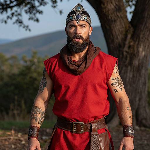 Bearded Man in Red Tunic with Jeweled Headpiece and Tattoos Outdoors