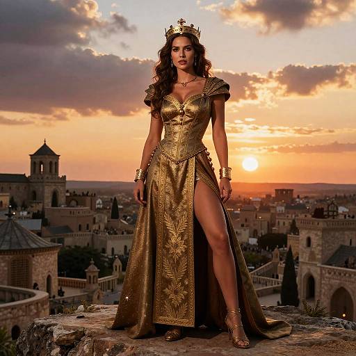 Regal Woman in Golden Queen Costume with Crown at Sunset