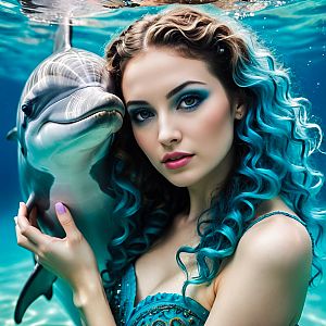 Woman with Turquoise Hair and Dolphin Underwater