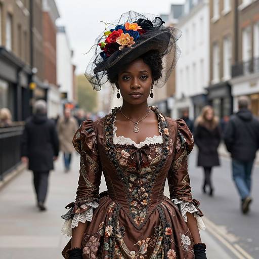 Victorian Style Woman in Floral Embroidered Dress with Vibrant Hat on Urban Street