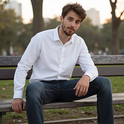 Casual Young Man Sitting on Bench Outdoors in White Shirt