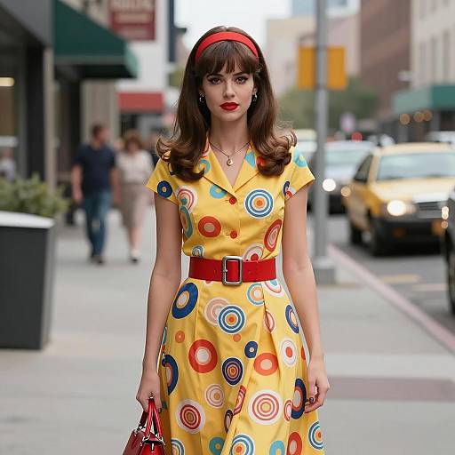Young Woman in Retro Yellow Dress with Colorful Circles Walking on City Street