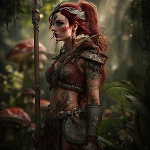 Red-Haired Fantasy Warrior Woman in Mystical Forest Armor with Dragon